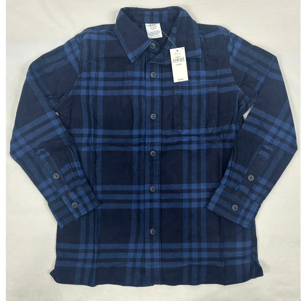 Gap Kids Boys Organic Cotton Flannel Blue Plaid Button Down Shirt Size S 6/7